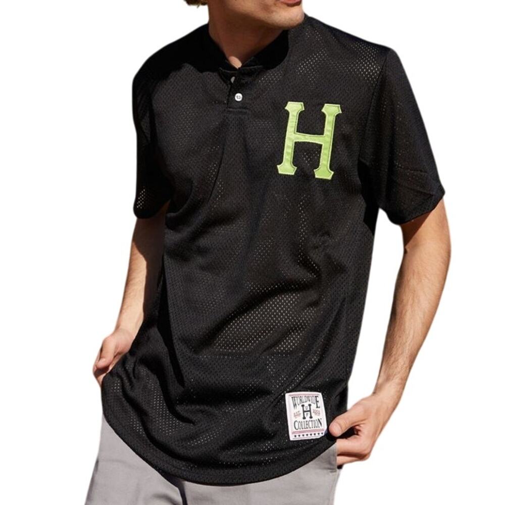 HUF Men's Bronx Henley Black Mesh Short Sleeve Baseball Jersey Shirt | Small